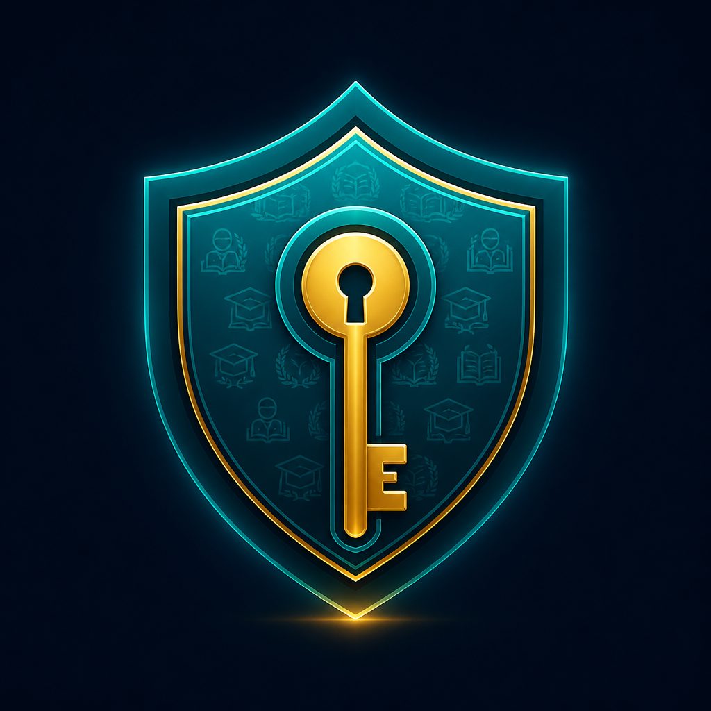 A shield representing instructor-controlled access with a golden key