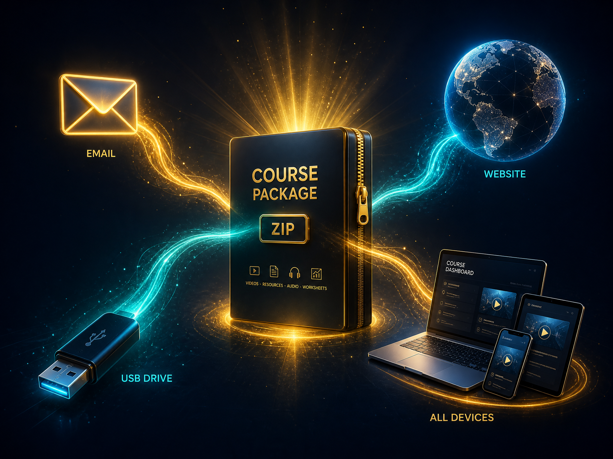 A course package radiating out to email, a website, a USB drive, and multiple devices