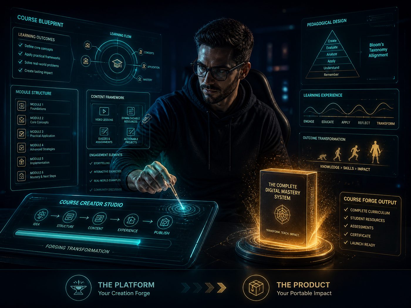 A digital forge where course blueprints are shaped into portable packages