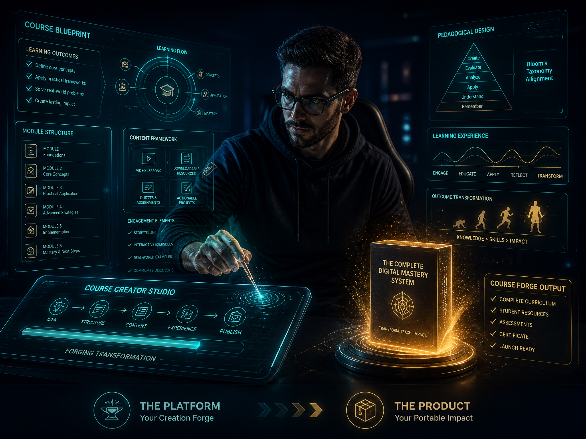 A digital forge where course blueprints are shaped into portable packages