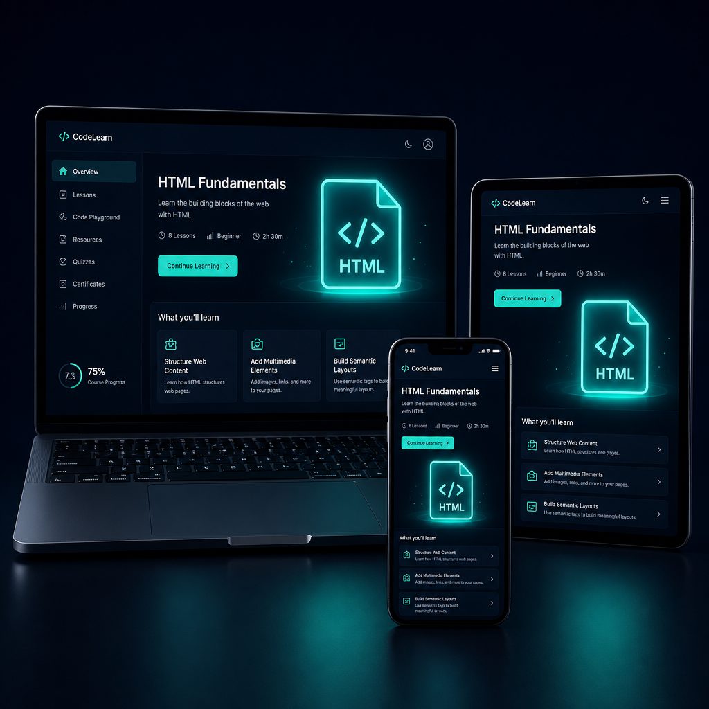 An interactive course running on laptop, tablet, and phone simultaneously