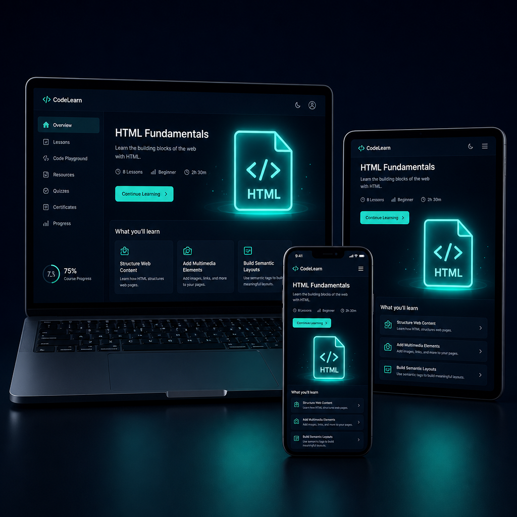 An interactive course running on laptop, tablet, and phone simultaneously