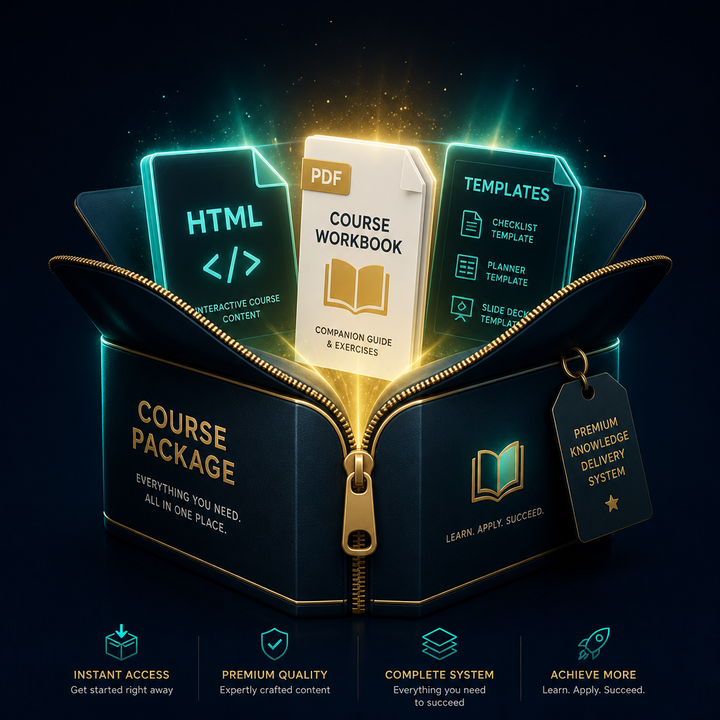 A portable course package containing interactive HTML, PDF workbook, and templates