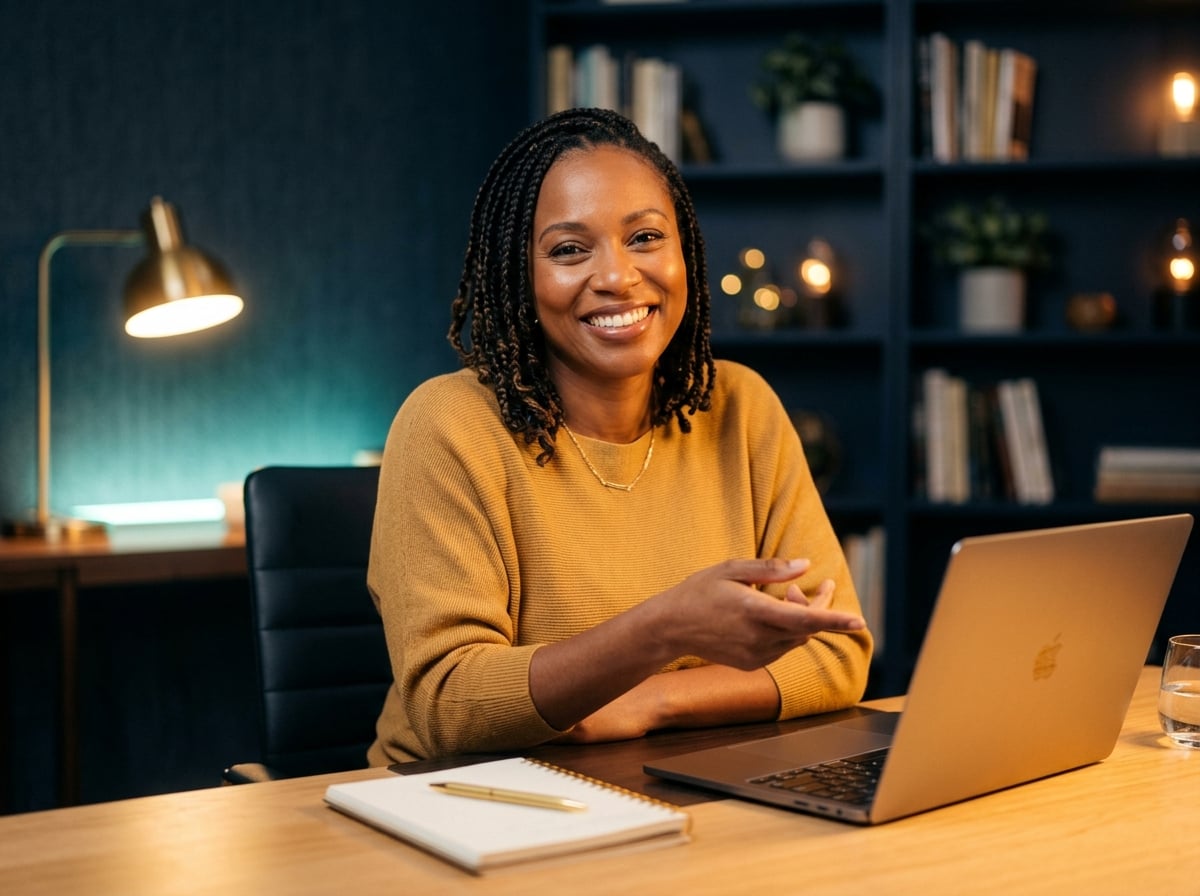 A confident, happy course creator who has just built their online course