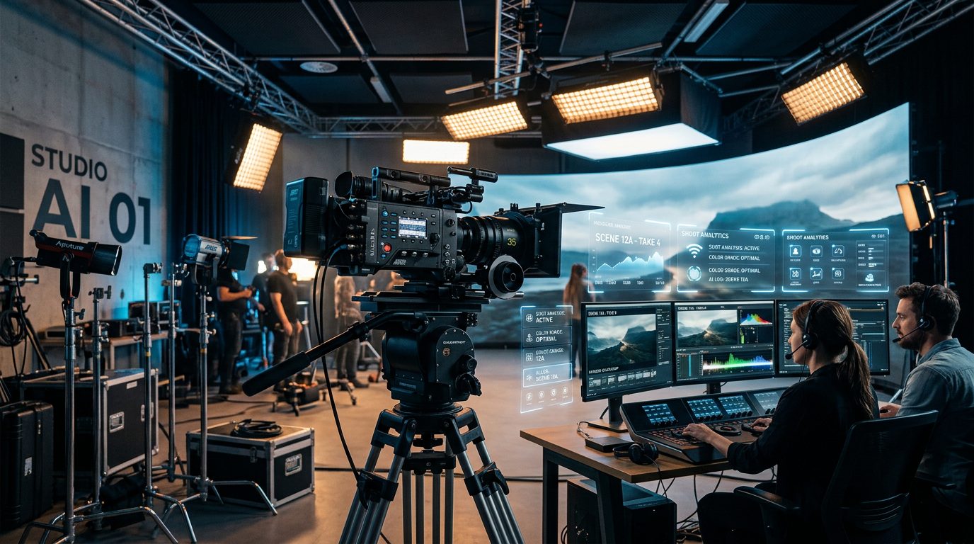 Cinematic film production studio blended with AI technology motifs