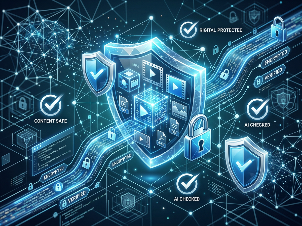 Abstract visualization of AI content safety with shields protecting digital media