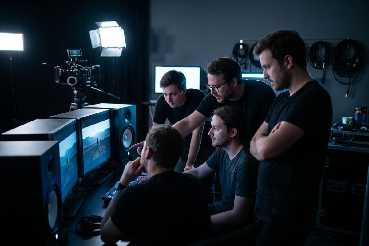 Film crew reviewing AI-assisted shots at on-set monitors