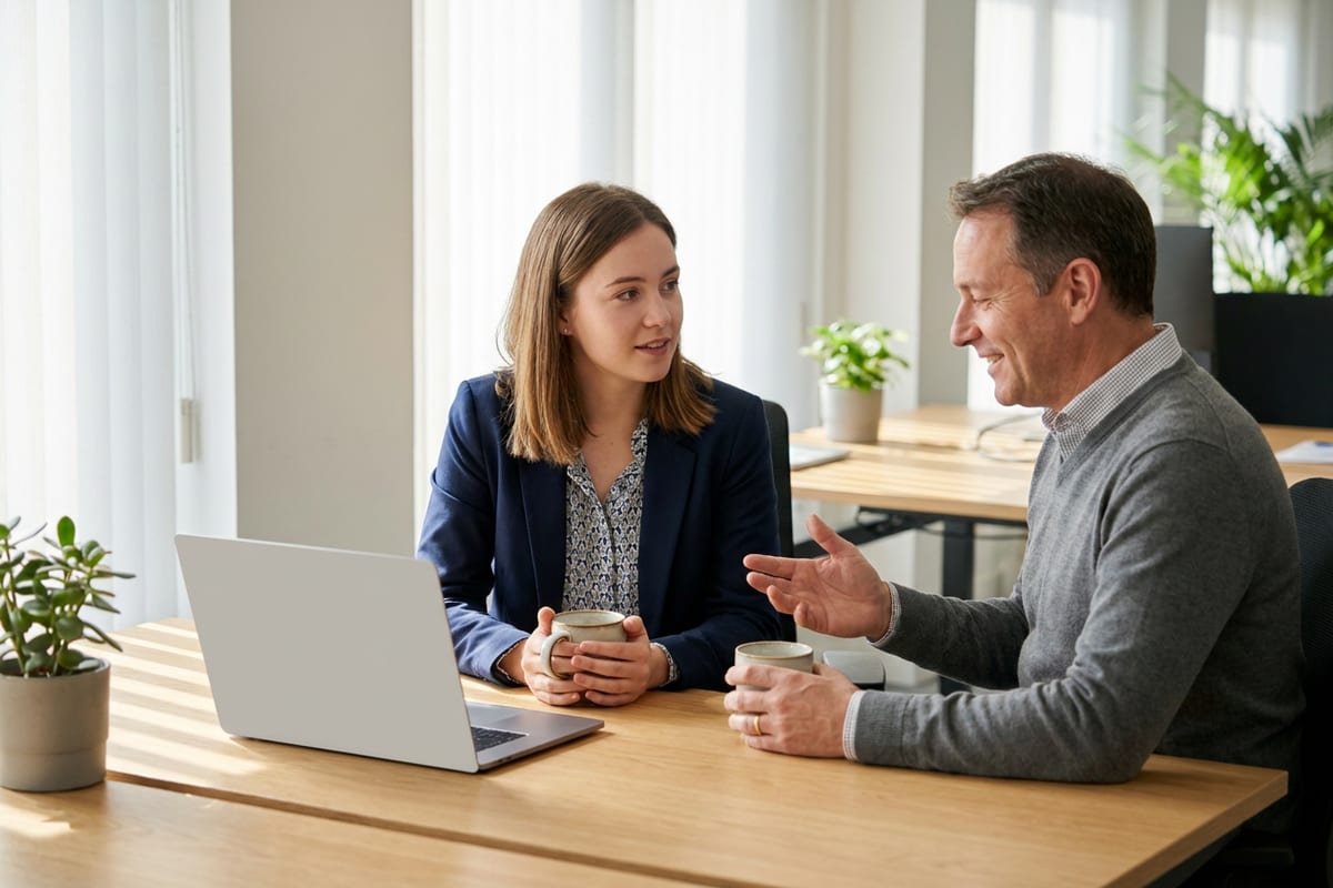 Onboarding buddy helping a new employee at a laptop