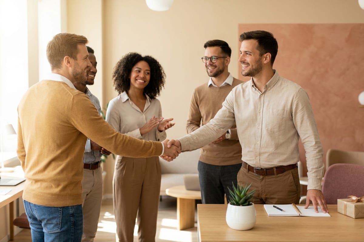 New hires being welcomed in a bright modern office