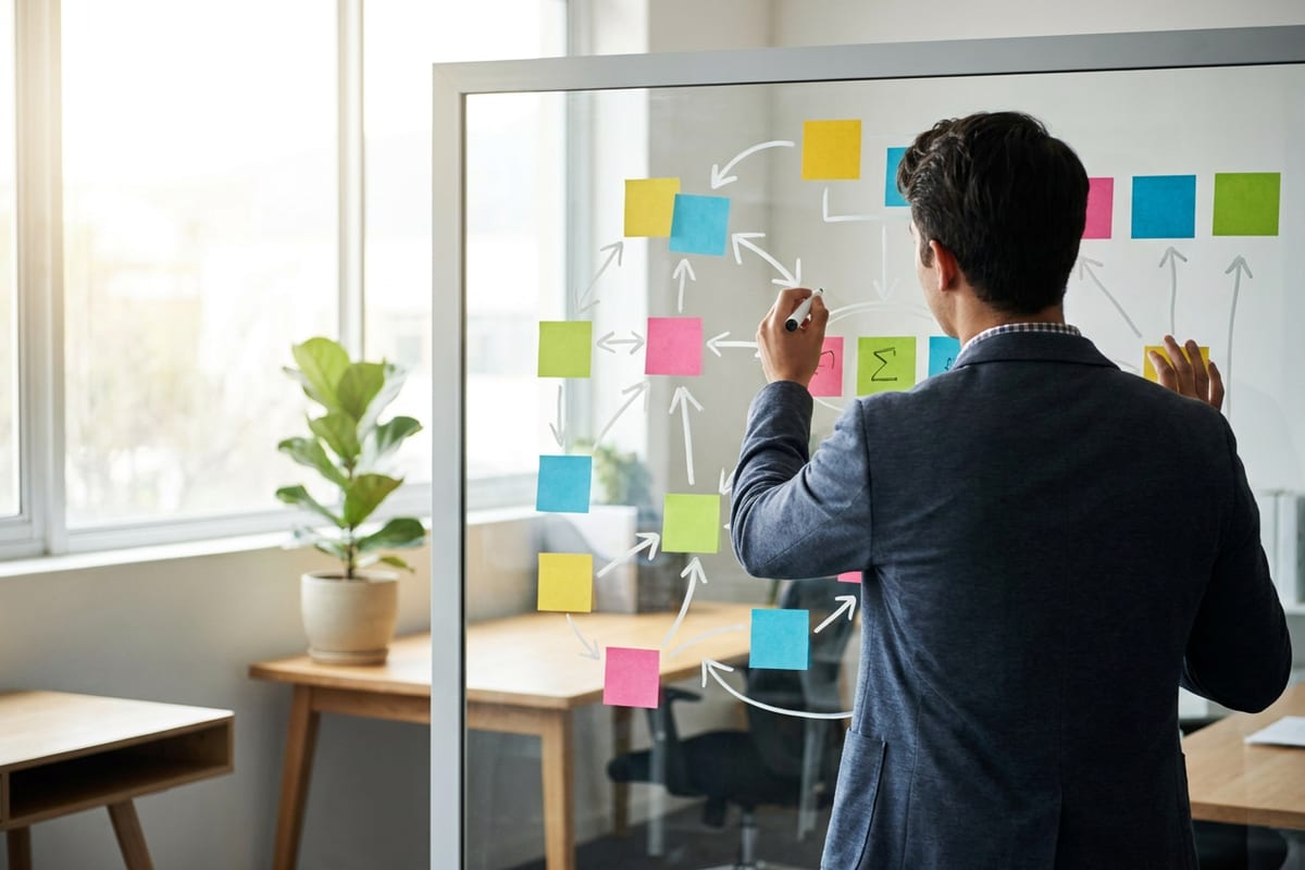 Marketer mapping a topic cluster on a whiteboard