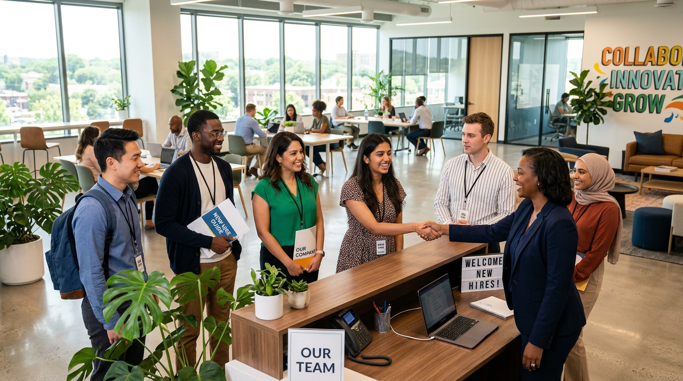 Welcoming modern office with diverse new employees being onboarded