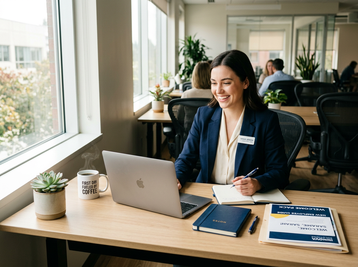New employee at a tidy desk on their first day with laptop and coffee