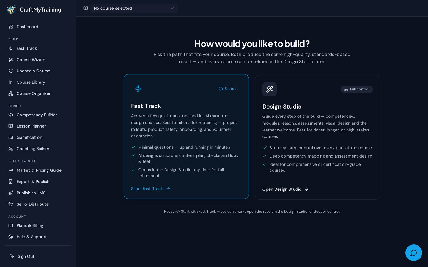 It starts with one choice — real screen from the CraftMyTraining course designer