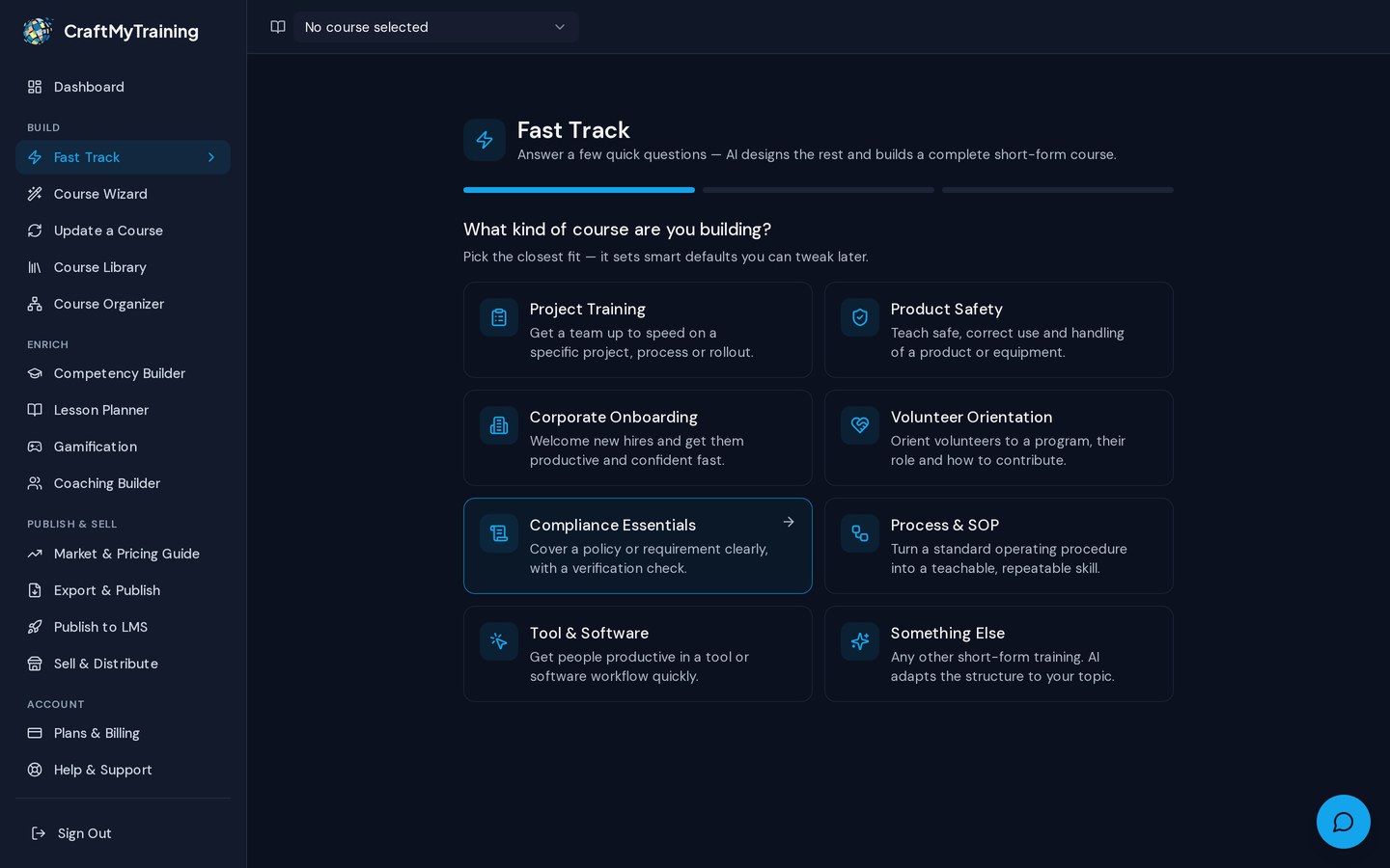 Pick the kind of course — real screen from the CraftMyTraining course designer