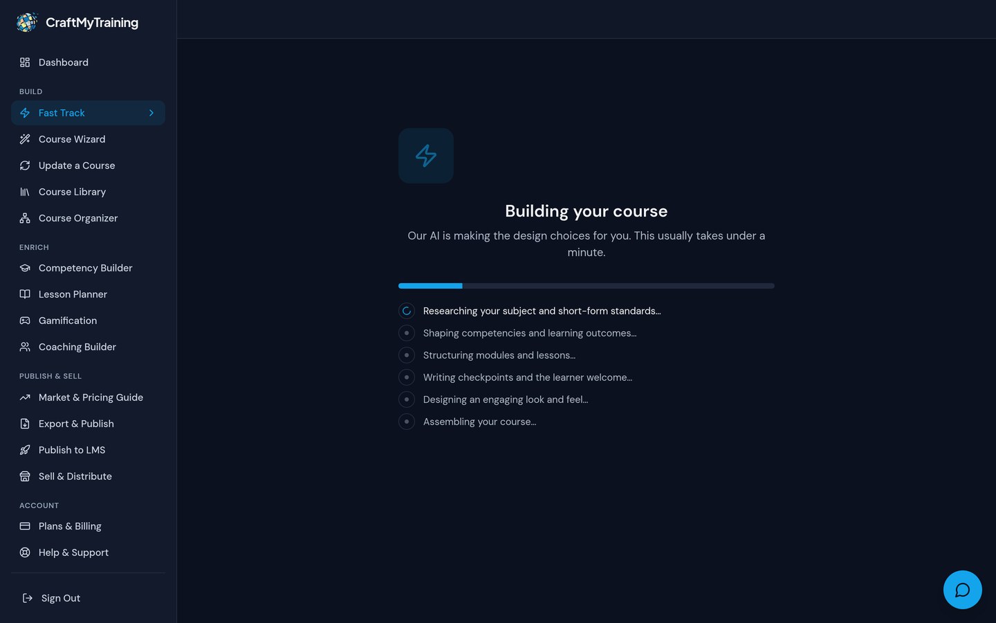 AI builds it in under a minute — real screen from the CraftMyTraining course designer