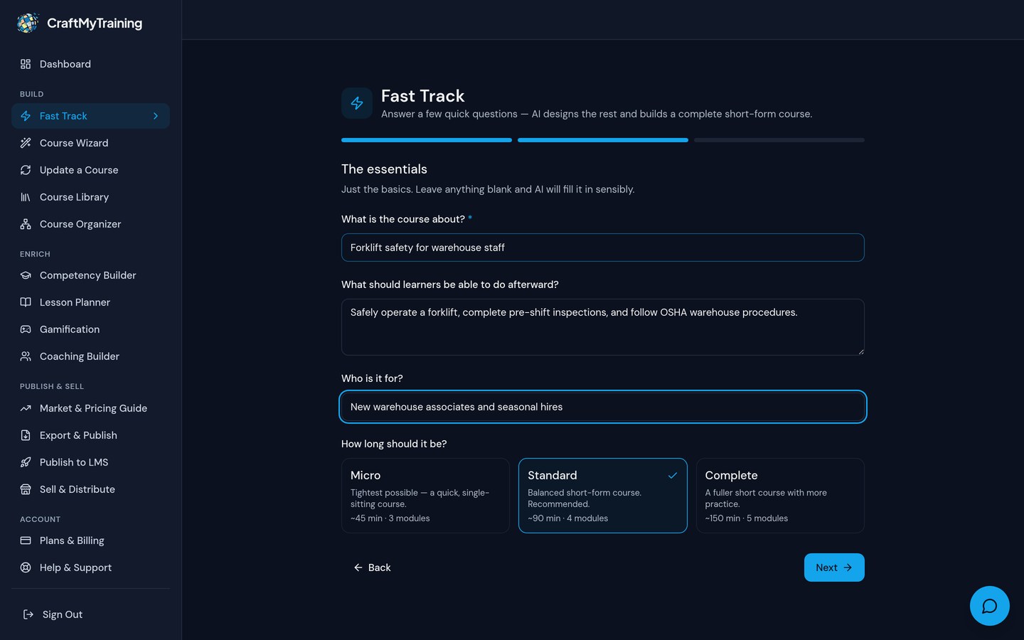 Answer a few essentials — real screen from the CraftMyTraining course designer