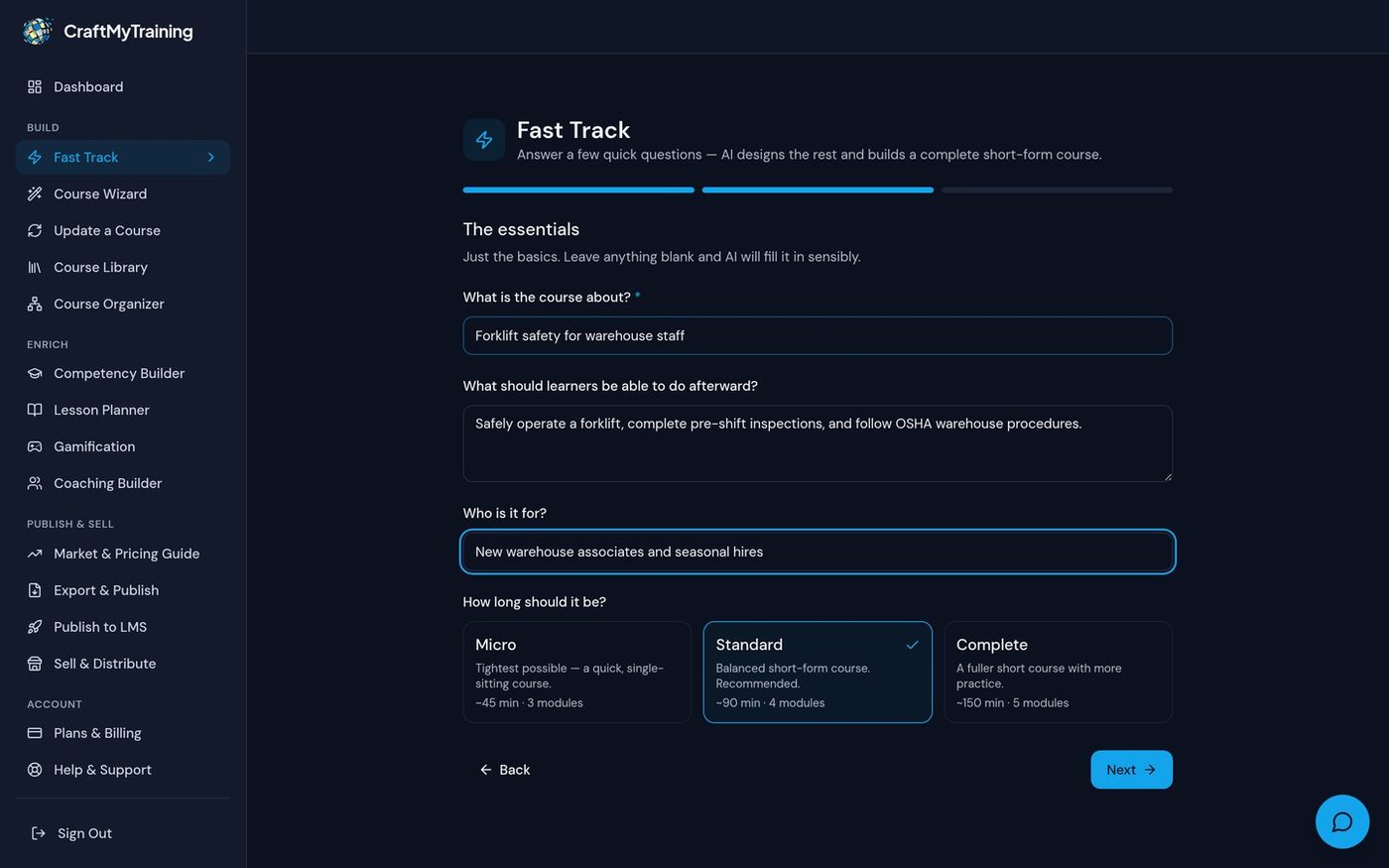 Answer a few essentials — real screen from the CraftMyTraining course designer