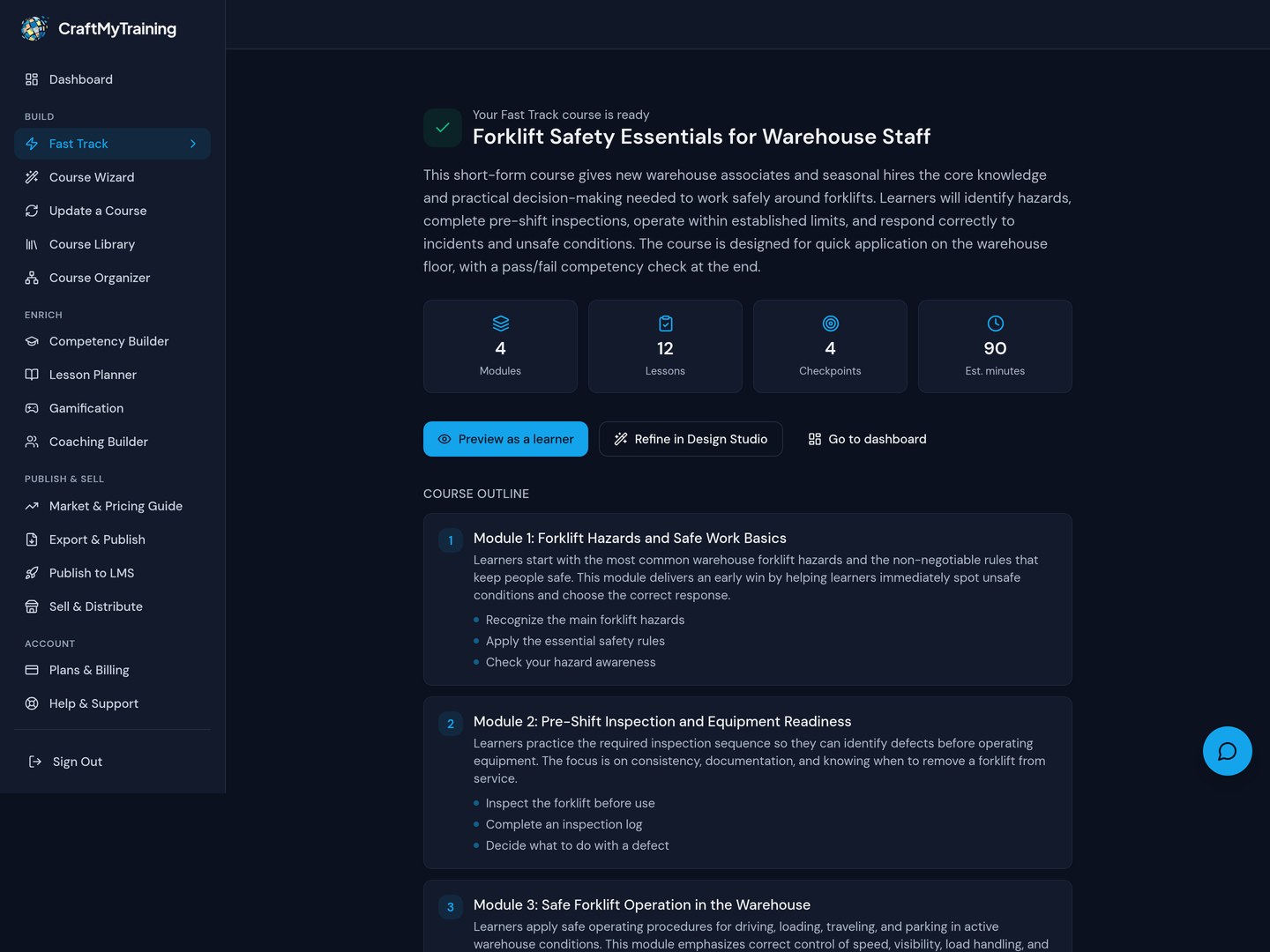 A complete course, ready to use — real screen from the CraftMyTraining course designer