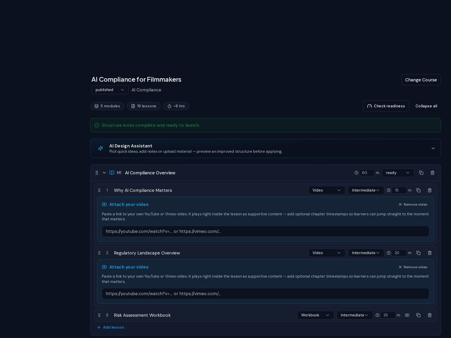 Organize every module & lesson — real screen from the CraftMyTraining course designer
