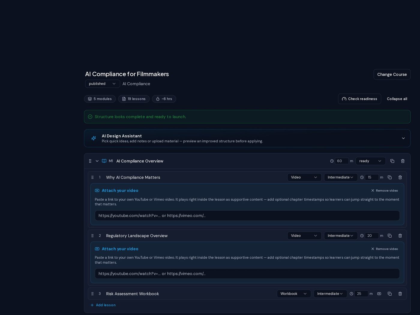 Organize every module & lesson — real screen from the CraftMyTraining course designer