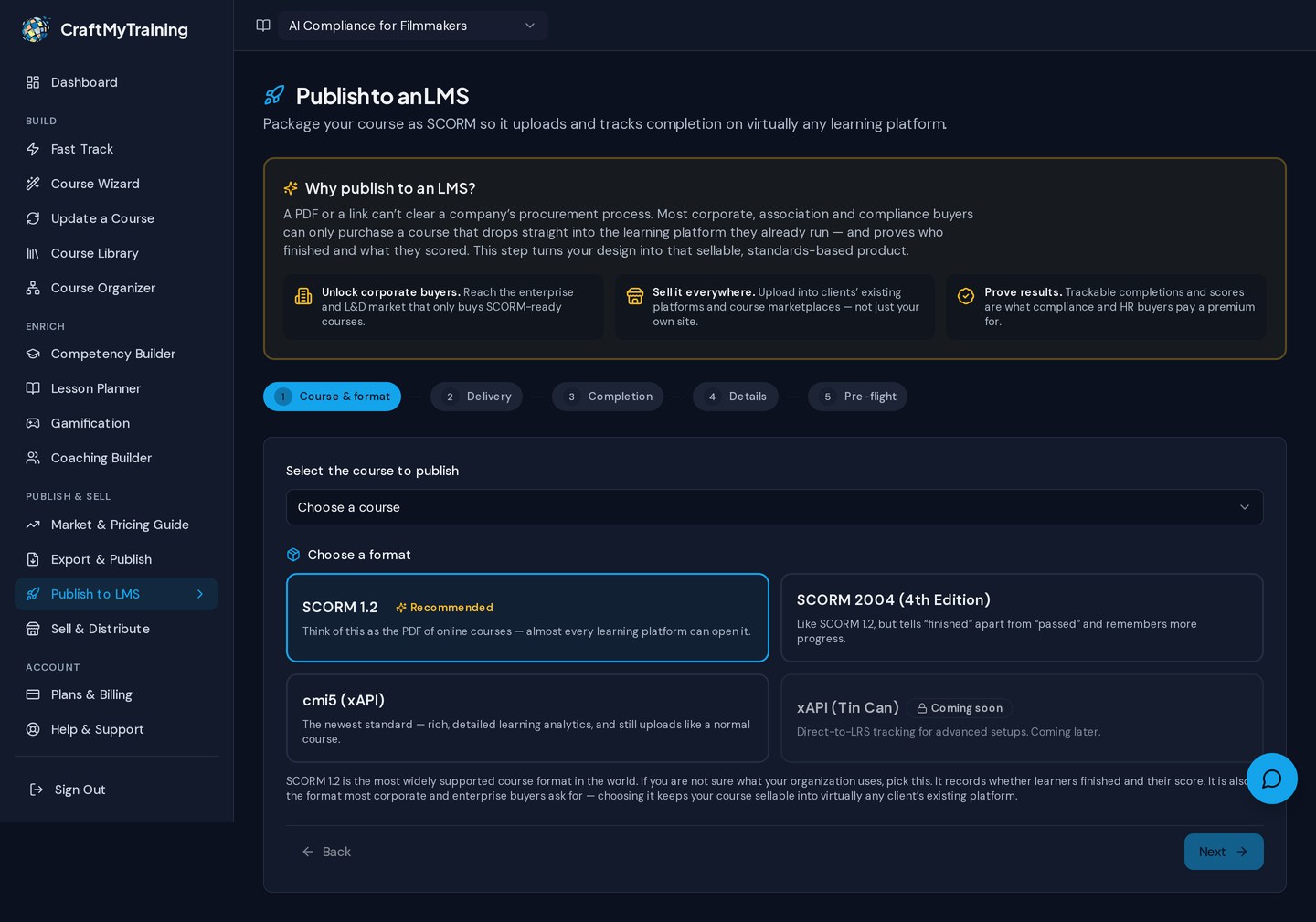 Publish & share anywhere — real screen from the CraftMyTraining course designer
