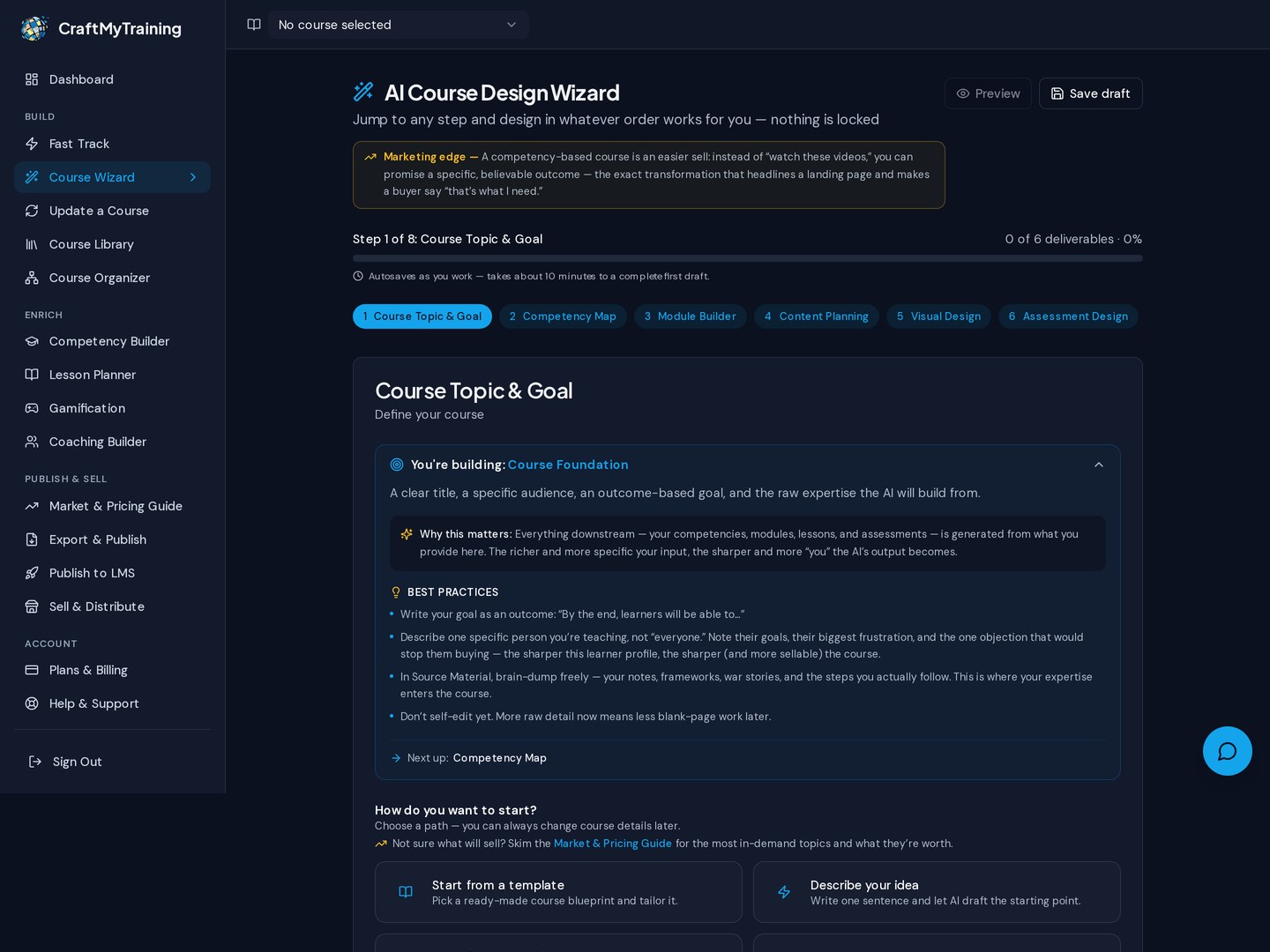 Step through the wizard — real screen from the CraftMyTraining course designer