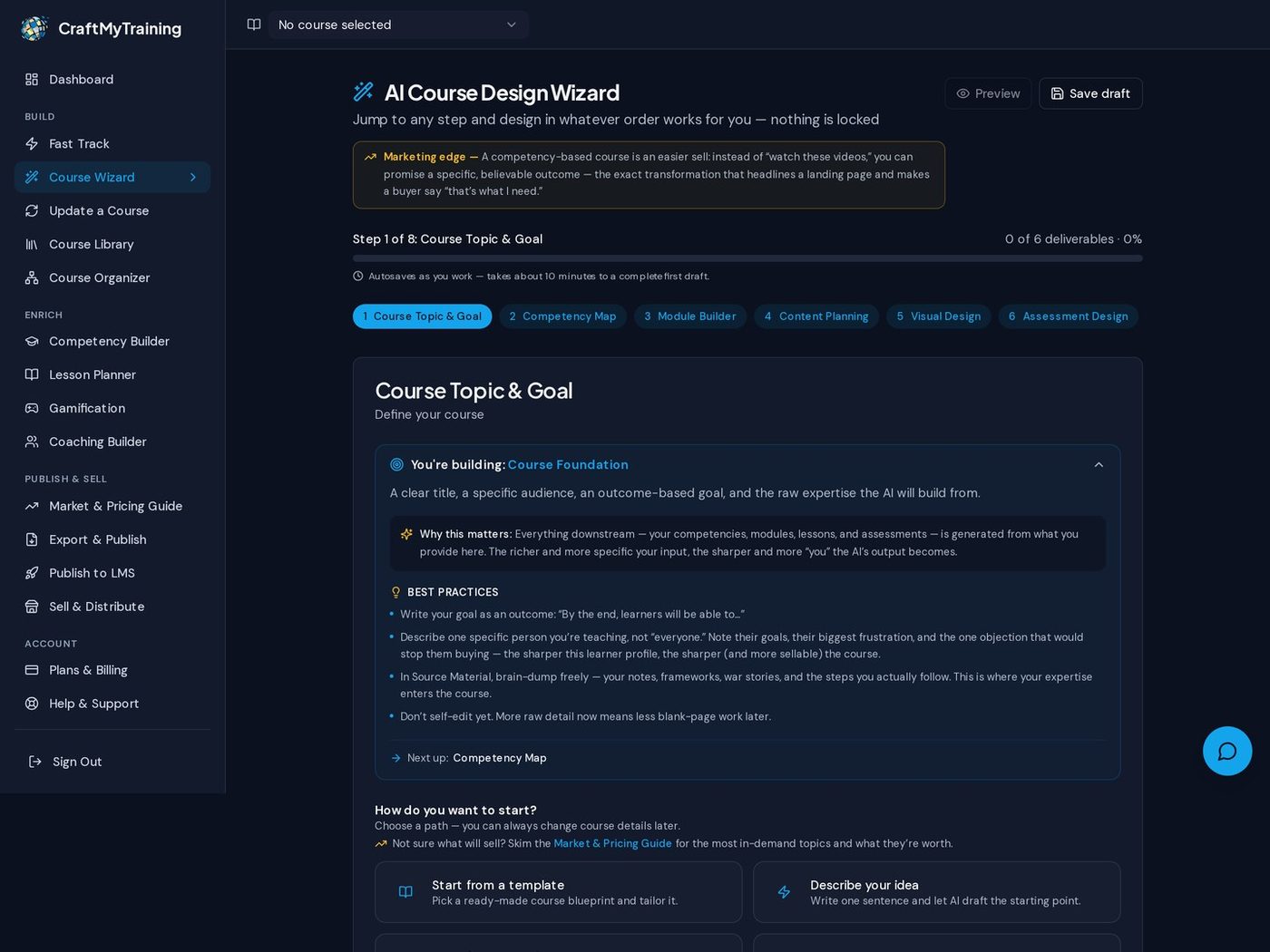 Step through the wizard — real screen from the CraftMyTraining course designer