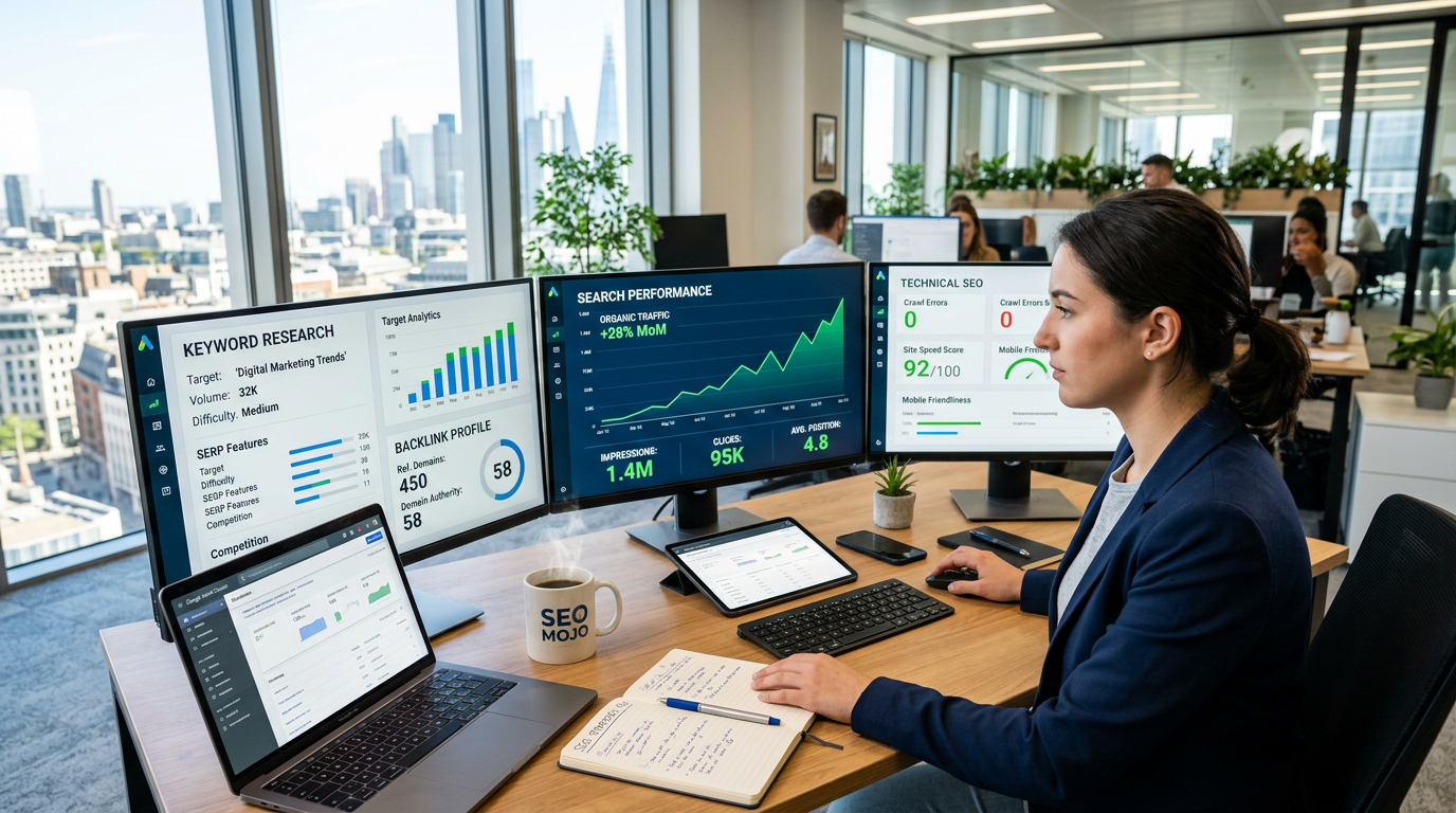 Bright modern digital marketing workspace with SEO analytics dashboards