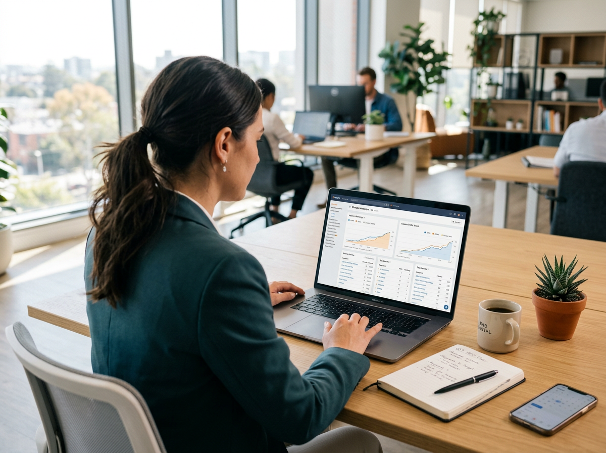Digital marketer analyzing SEO and keyword data on a laptop