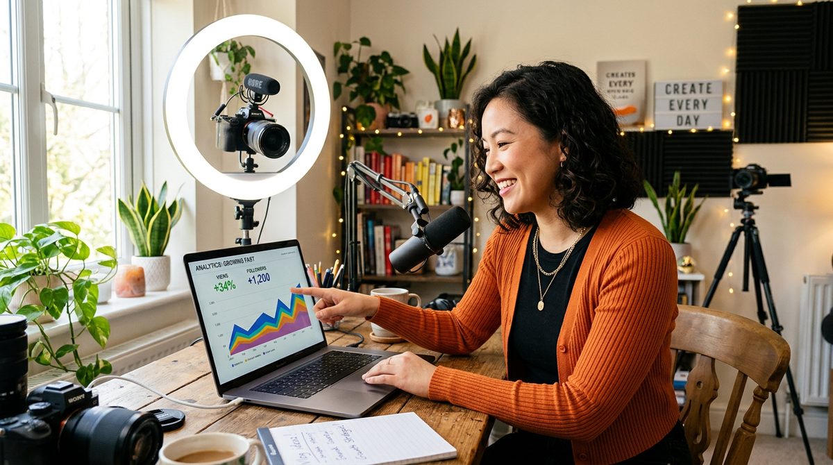 A content creator in a bright home studio reviewing growing audience analytics.