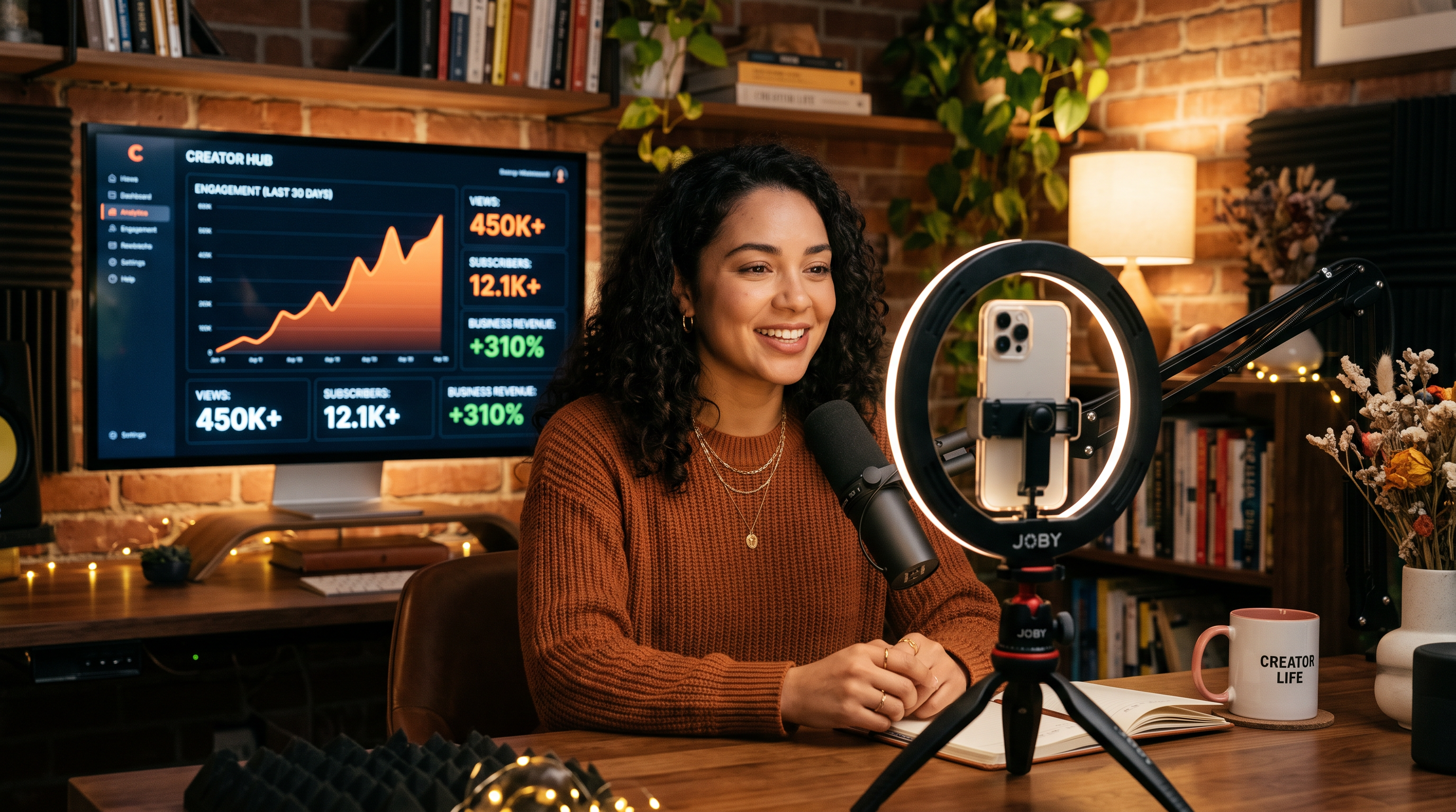 A creator at a home studio with a growing, engaged audience and first earnings.