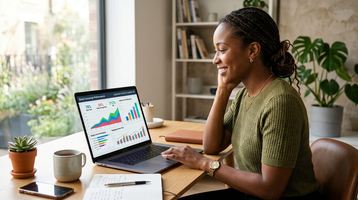 A professional writer at a clean desk reviewing impressive email campaign results on a laptop.