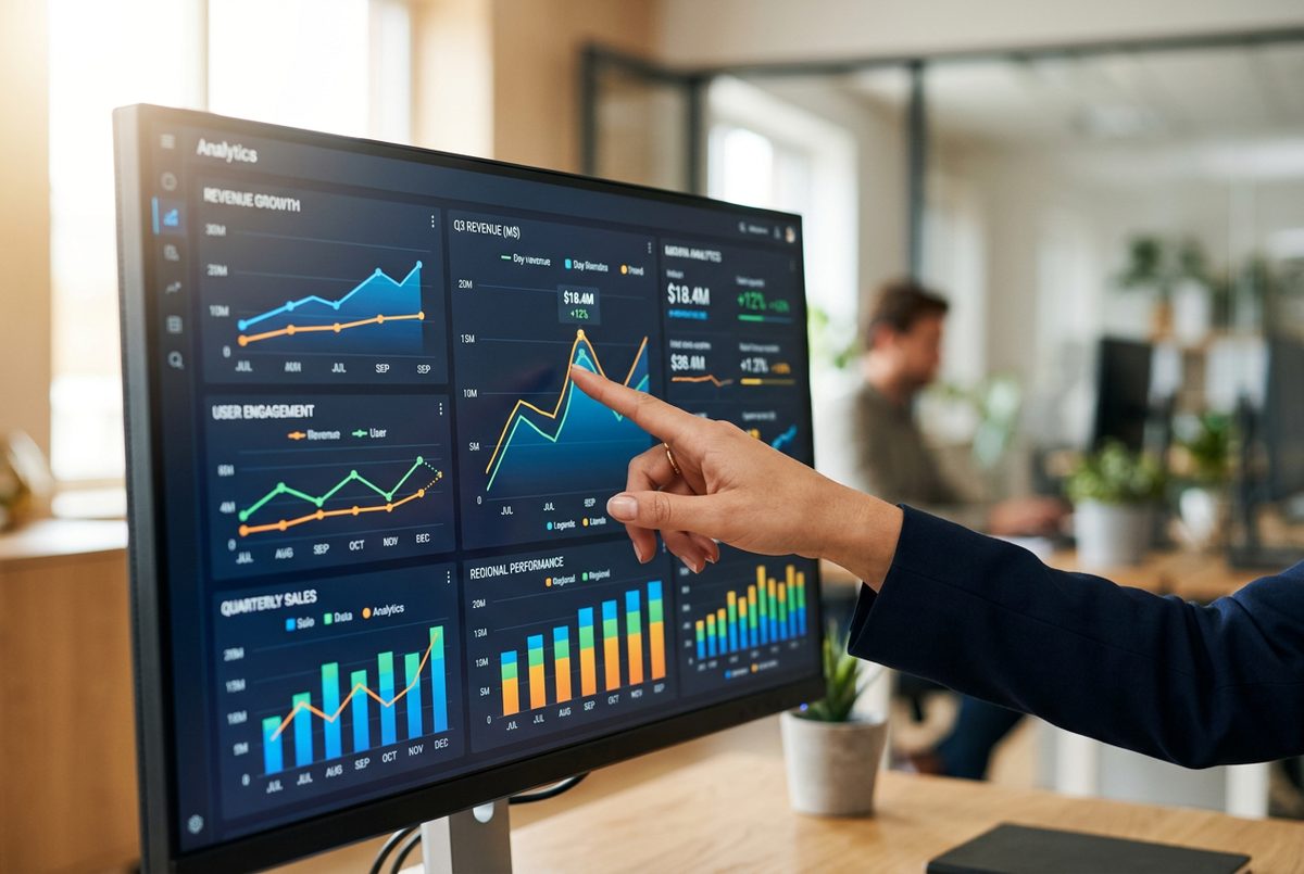 Close-up of data dashboards and charts on a monitor with a hand pointing, analytical mood.
