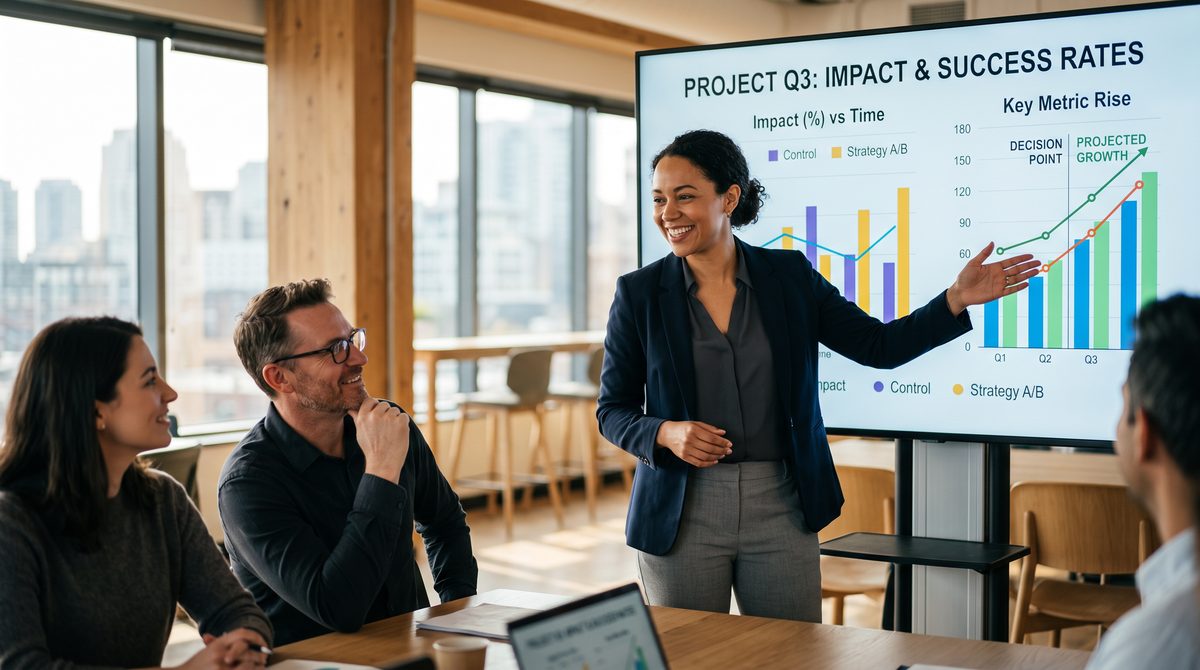 A confident analyst presenting a clear data chart that settles a team discussion.