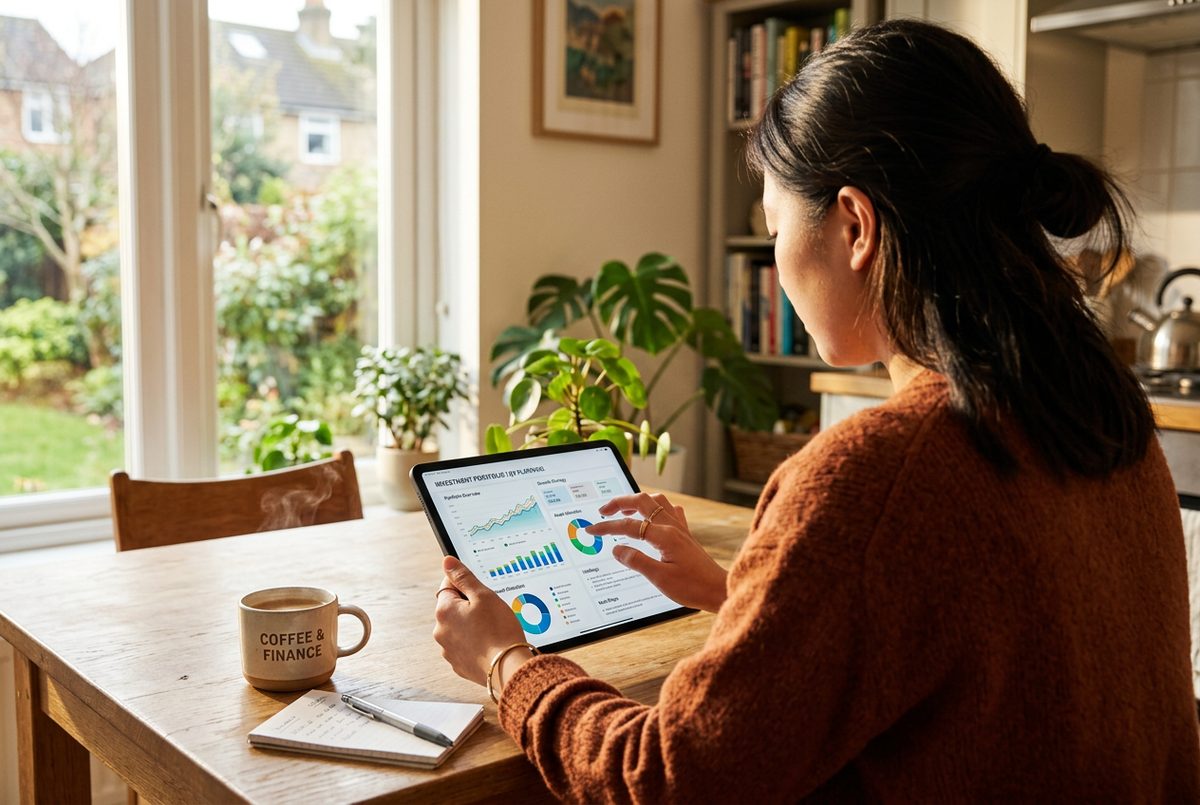 A person reviewing personal finance and investment planning on a tablet at a kitchen table.