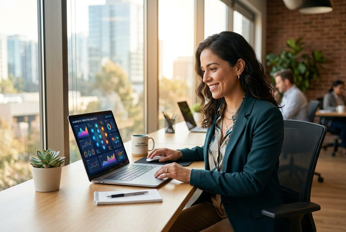 A professional using AI software on a laptop in a bright office, modern and optimistic.