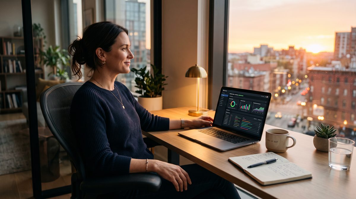 A calm professional at a tidy desk while AI handles routine work in the background.