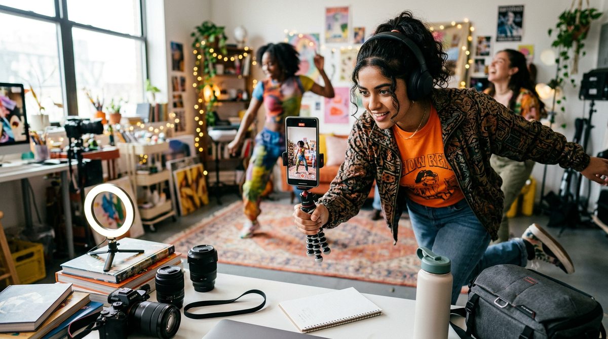 A young creative filming a dynamic short-form video on a smartphone with natural daylight.