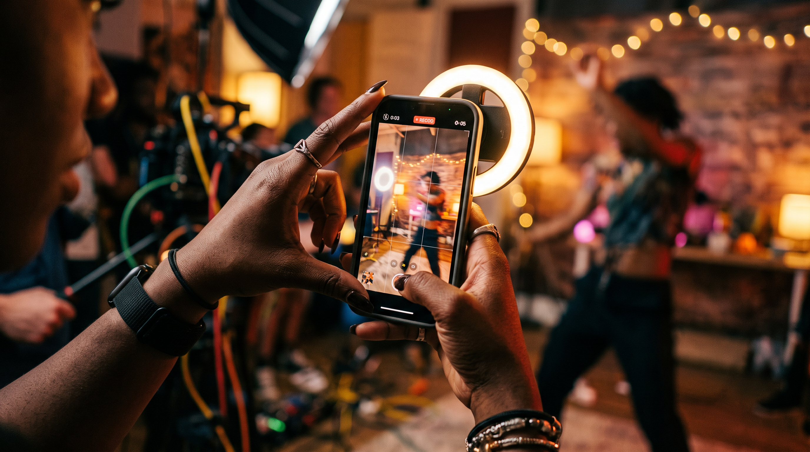 A creator filming a short-form video on a phone with a scroll-stopping hook.